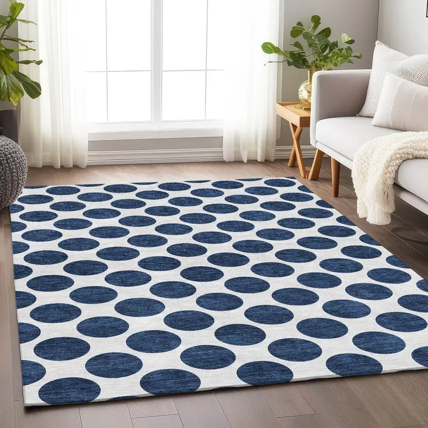 Navy Blue And Ivory Polka Dot Washable Area Rug With UV Protection Photo 4