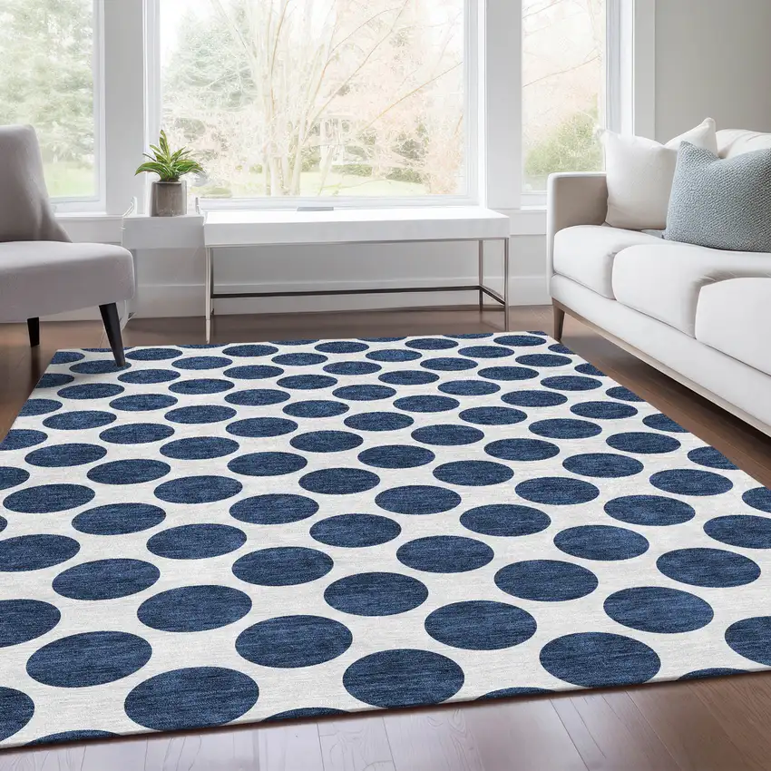 Navy Blue And Ivory Polka Dot Washable Area Rug With UV Protection Photo 4