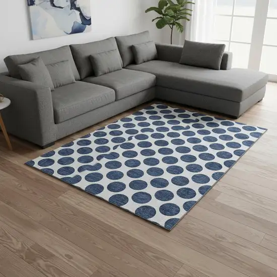 Navy Blue And Ivory Polka Dot Washable Area Rug With UV Protection Photo 2