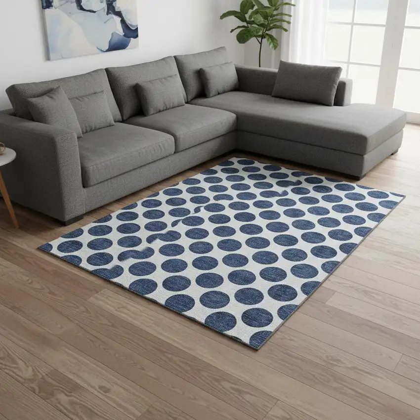 Navy Blue And Ivory Polka Dot Washable Area Rug With UV Protection Photo 2