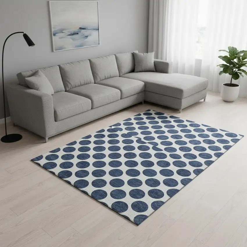 Navy Blue And Ivory Polka Dot Washable Area Rug With UV Protection Photo 2