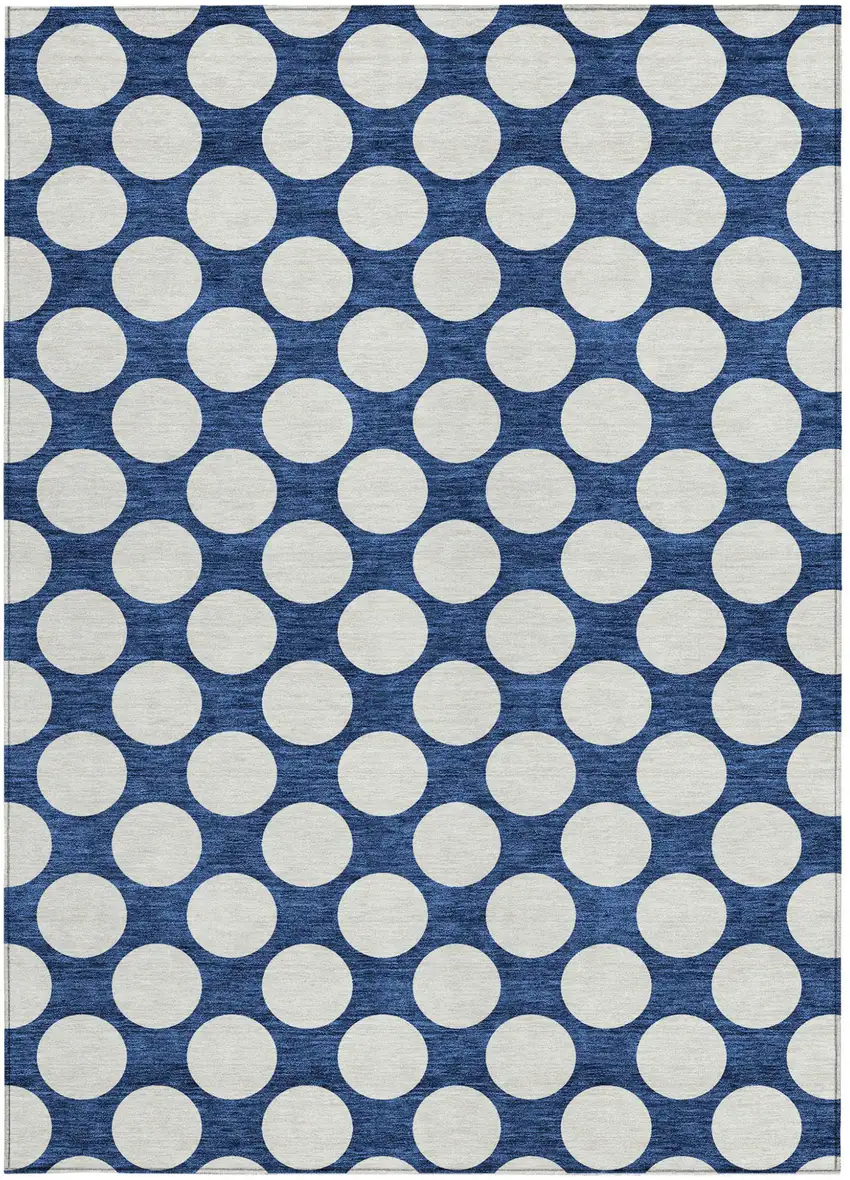 Navy Blue And Ivory Polka Dot Washable Indoor Outdoor Area Rug Photo 7