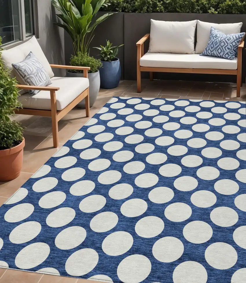 Navy Blue And Ivory Polka Dot Washable Indoor Outdoor Area Rug Photo 1