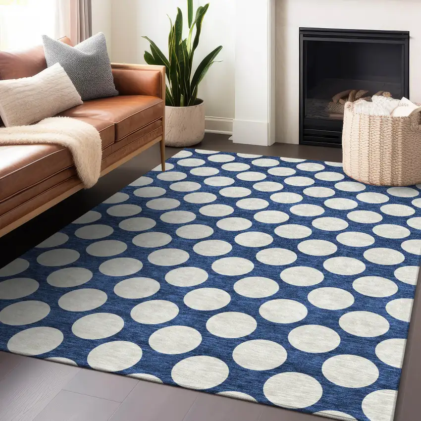 Navy Blue And Ivory Polka Dot Washable Indoor Outdoor Area Rug Photo 9