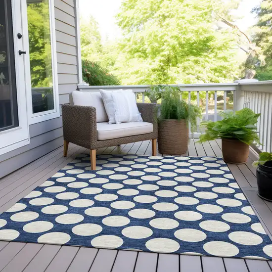 Navy Blue And Ivory Polka Dot Washable Indoor Outdoor Area Rug Photo 8
