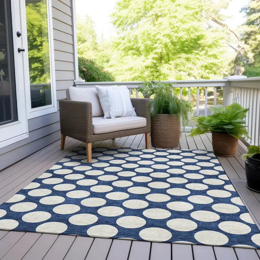 Navy Blue And Ivory Polka Dot Washable Indoor Outdoor Area Rug Photo 8