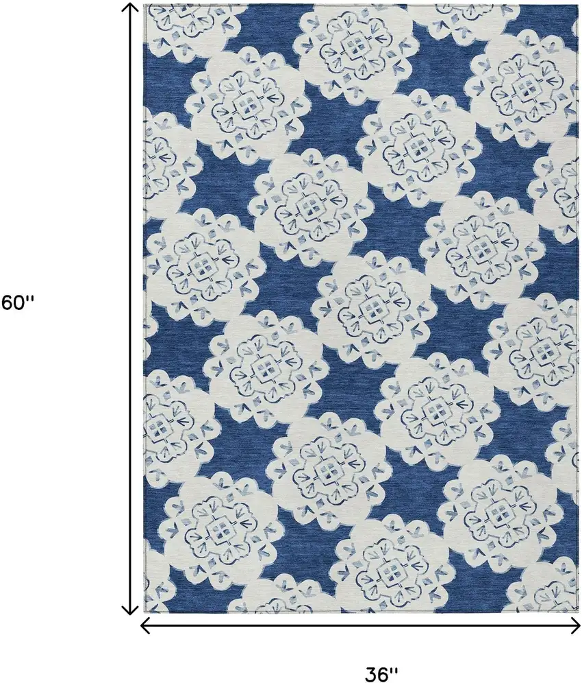 Navy Blue And Ivory Quatrefoil Washable Indoor Outdoor Area Rug Photo 3