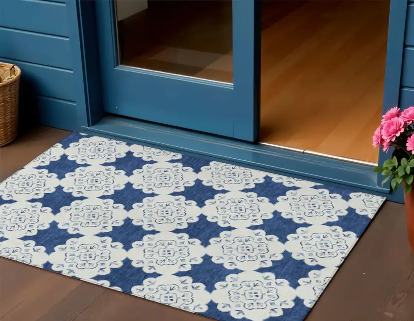 Navy Blue And Ivory Quatrefoil Washable Indoor Outdoor Area Rug Photo 1