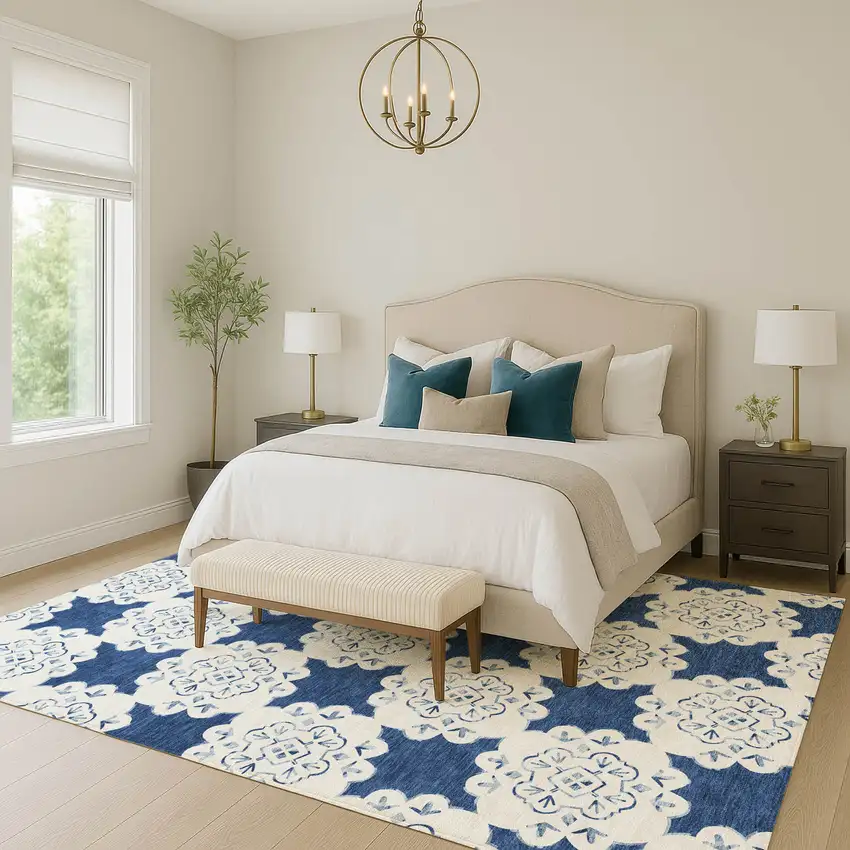 Navy Blue And Ivory Quatrefoil Washable Indoor Outdoor Area Rug Photo 8