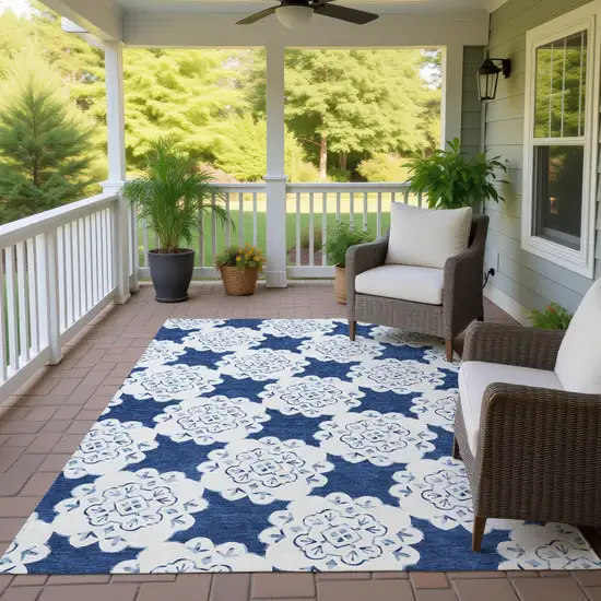 Navy Blue And Ivory Quatrefoil Washable Indoor Outdoor Area Rug Photo 9
