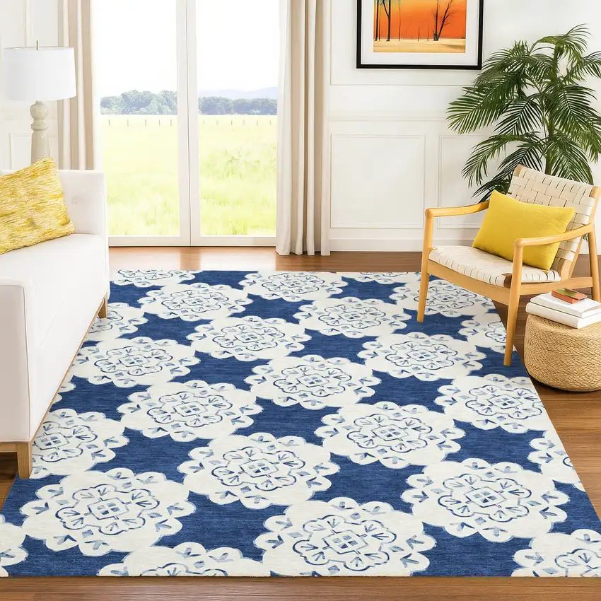 Navy Blue And Ivory Quatrefoil Washable Indoor Outdoor Area Rug Photo 8