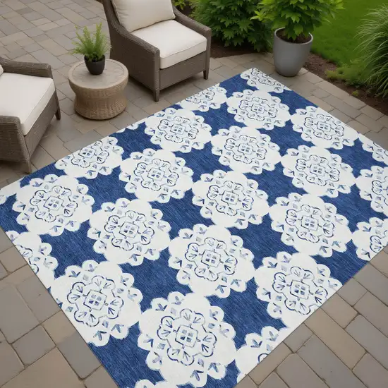Navy Blue And Ivory Quatrefoil Washable Indoor Outdoor Area Rug Photo 6