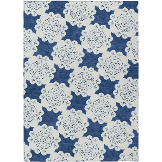Navy Blue And Ivory Quatrefoil Washable Indoor Outdoor Area Rug Photo 2