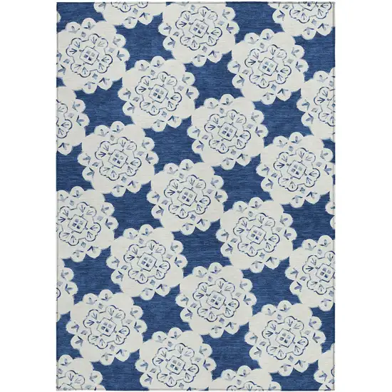 Navy Blue And Ivory Quatrefoil Washable Indoor Outdoor Area Rug Photo 4