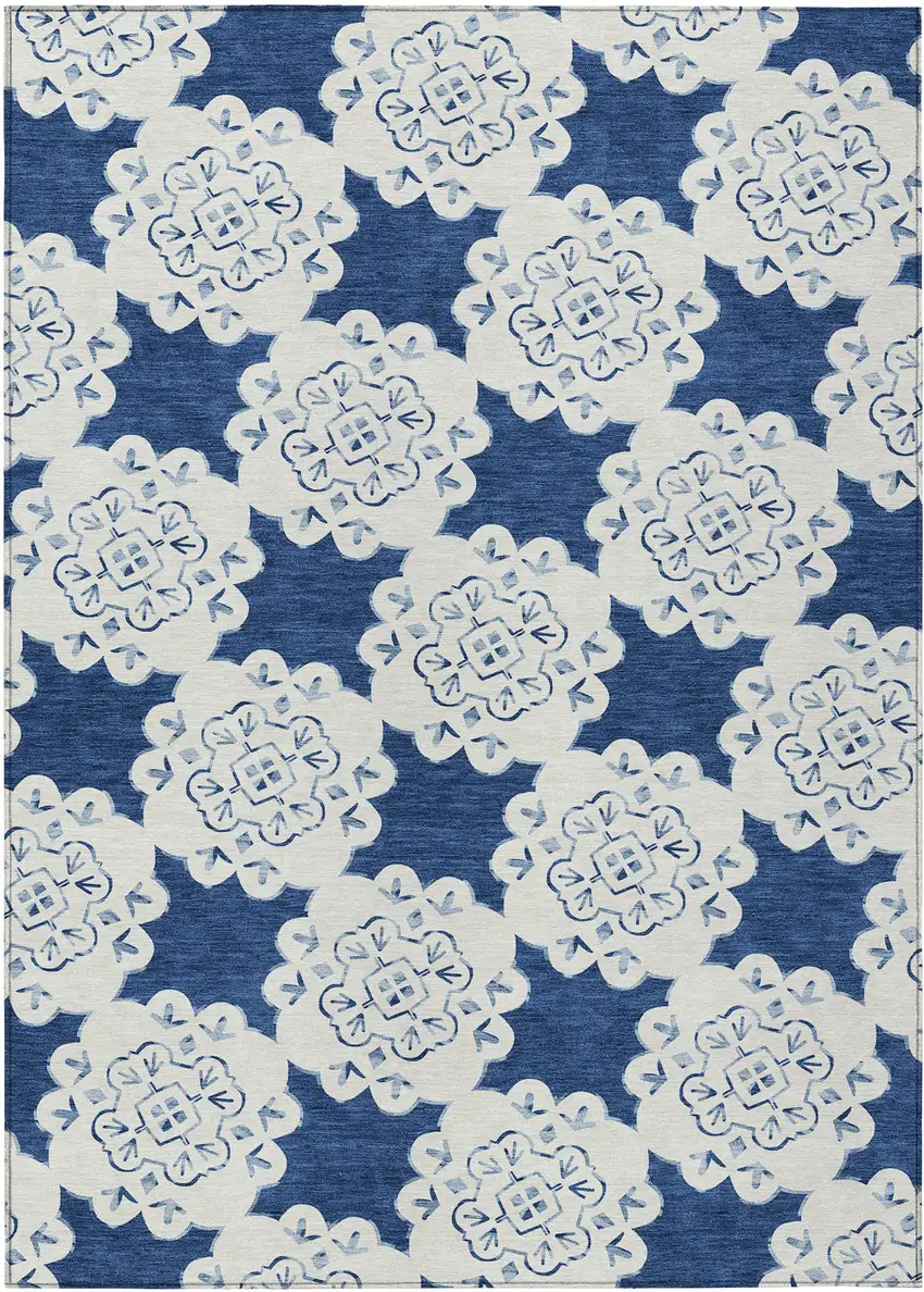 Navy Blue And Ivory Quatrefoil Washable Indoor Outdoor Area Rug Photo 2
