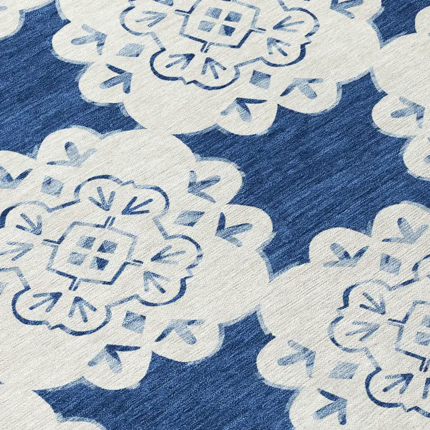 Navy Blue And Ivory Quatrefoil Washable Indoor Outdoor Area Rug Photo 7