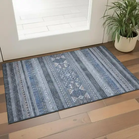 Navy Blue And Ivory Southwestern Washable Area Rug With UV Protection Photo 1