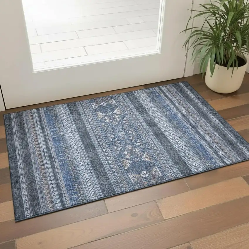 Navy Blue And Ivory Southwestern Washable Area Rug With UV Protection Photo 1