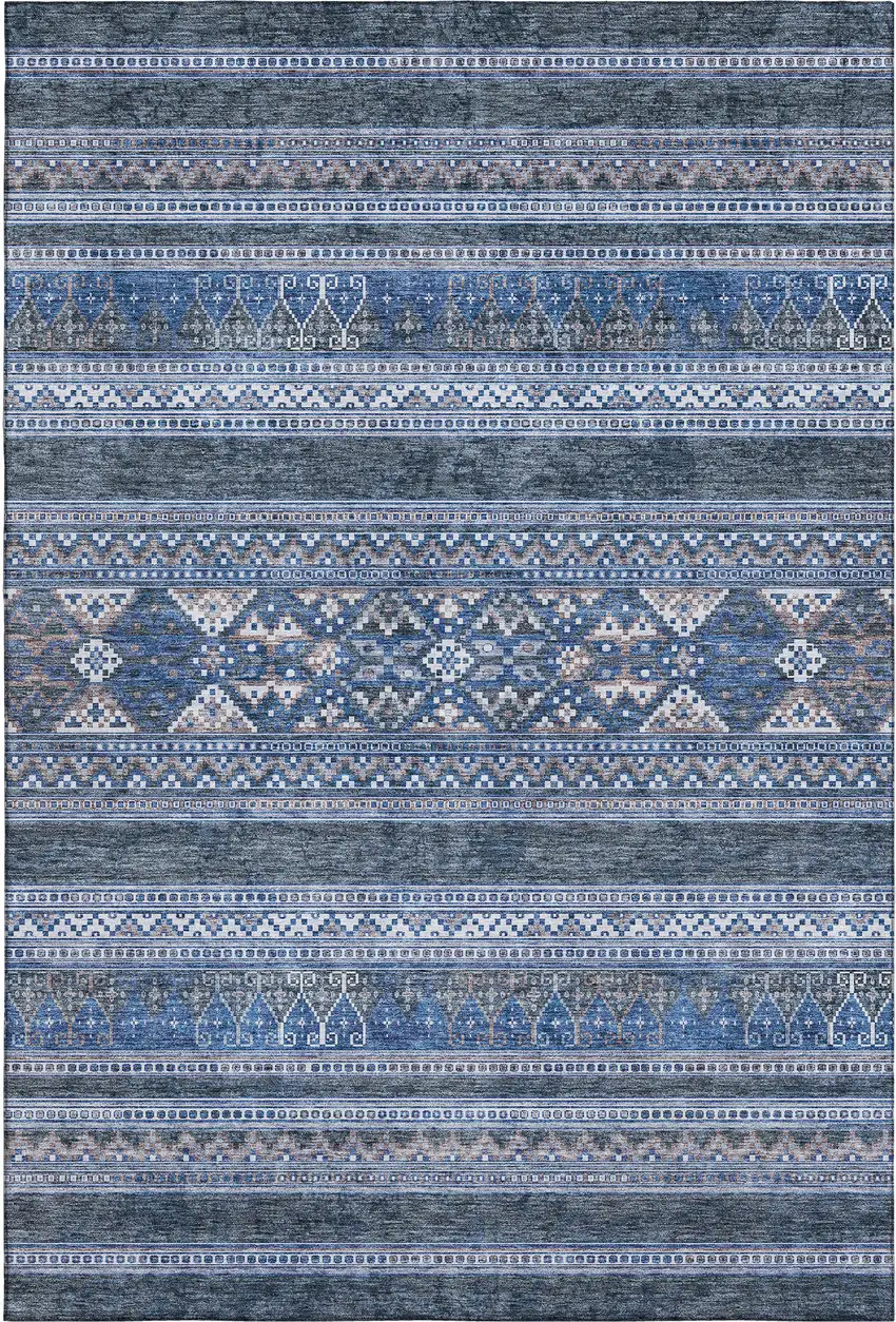 Navy Blue And Ivory Southwestern Washable Area Rug With UV Protection Photo 1