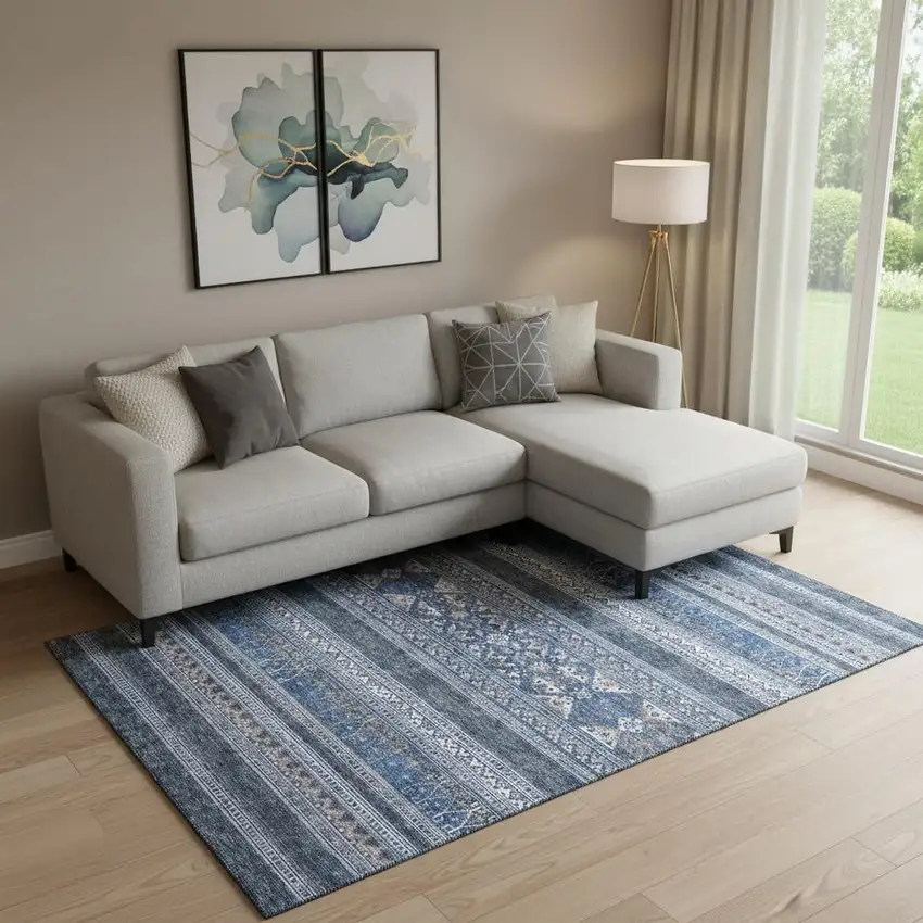 Navy Blue And Ivory Southwestern Washable Area Rug With UV Protection Photo 1