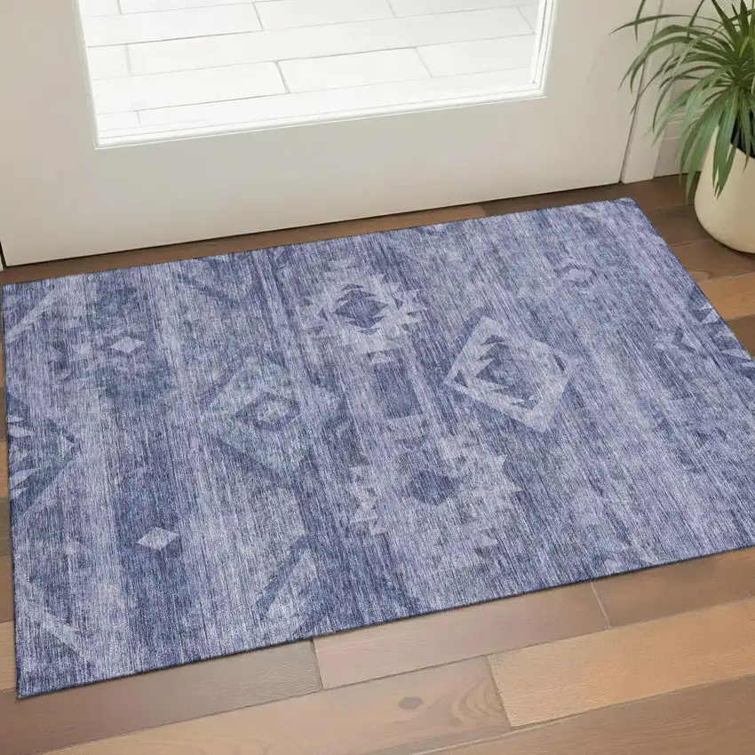 Navy Blue And Ivory Southwestern Washable Area Rug With UV Protection Photo 1