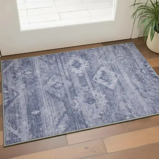 Navy Blue And Ivory Southwestern Washable Area Rug With UV Protection Photo 2