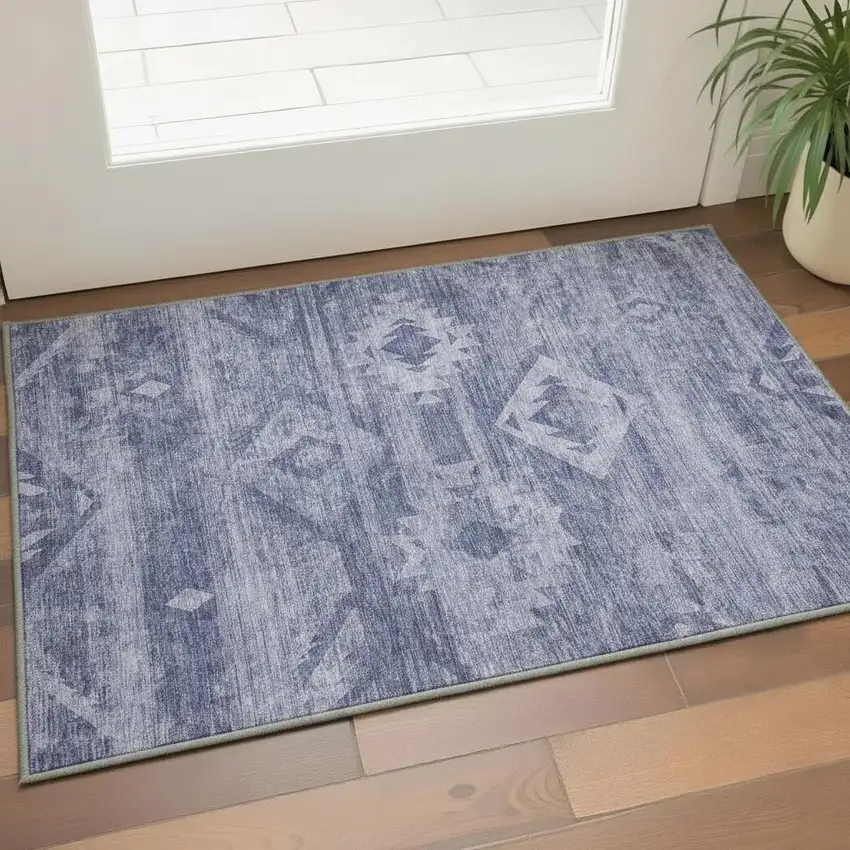 Navy Blue And Ivory Southwestern Washable Area Rug With UV Protection Photo 2