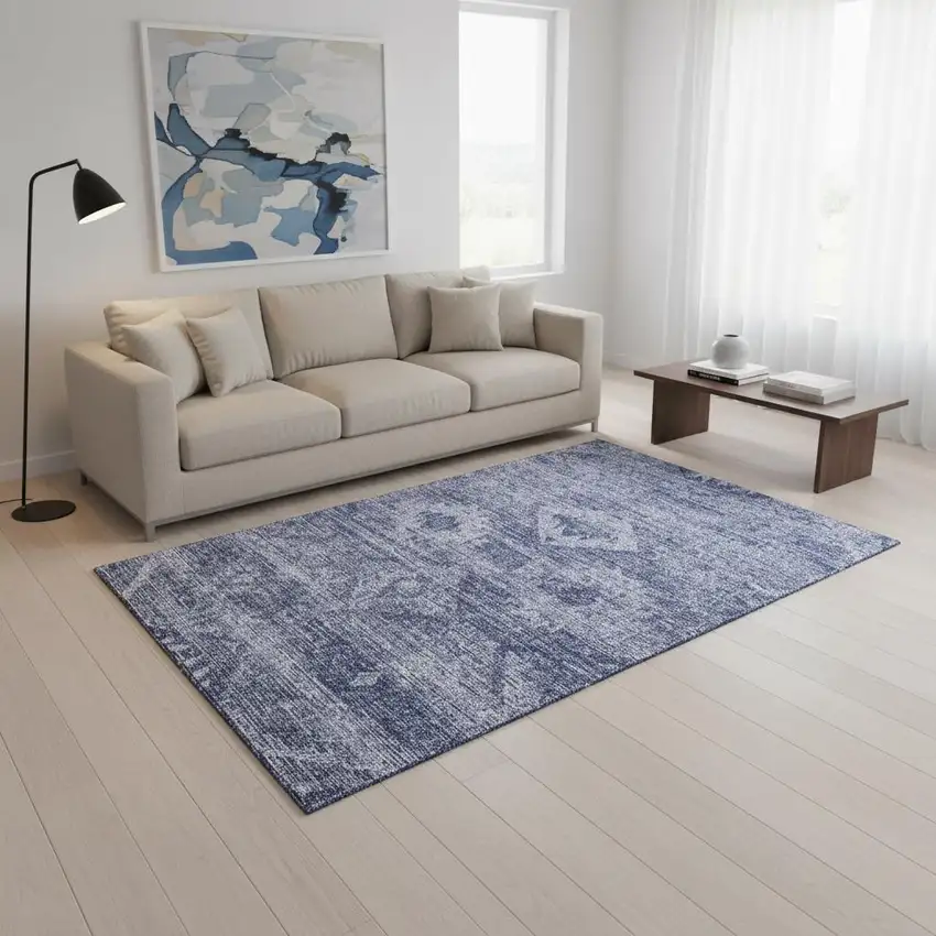 Navy Blue And Ivory Southwestern Washable Area Rug With UV Protection Photo 2