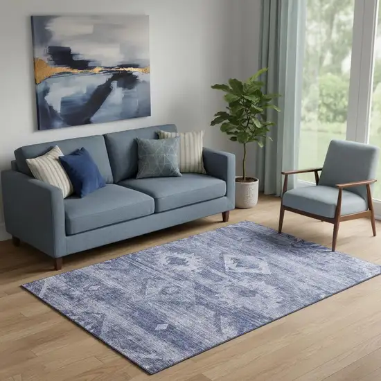 Navy Blue And Ivory Southwestern Washable Area Rug With UV Protection Photo 1