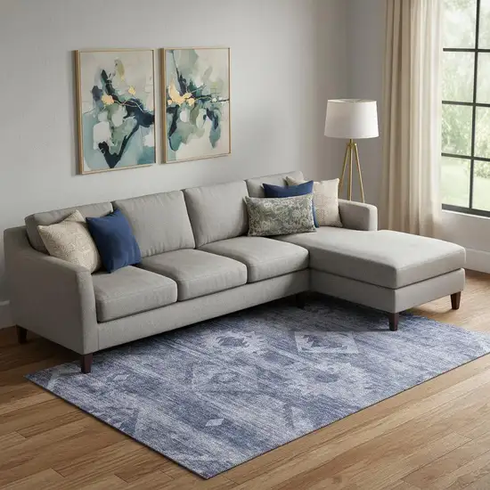 Navy Blue And Ivory Southwestern Washable Area Rug With UV Protection Photo 1