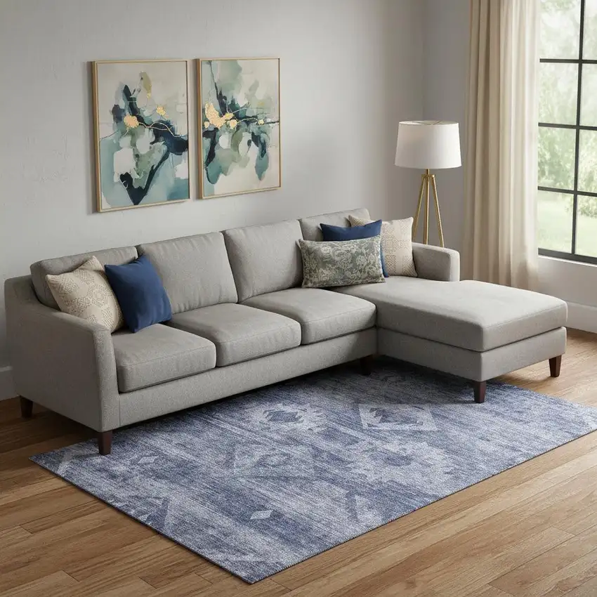 Navy Blue And Ivory Southwestern Washable Area Rug With UV Protection Photo 1