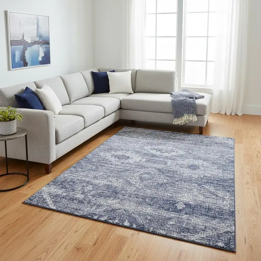 Navy Blue And Ivory Southwestern Washable Area Rug With UV Protection Photo 2