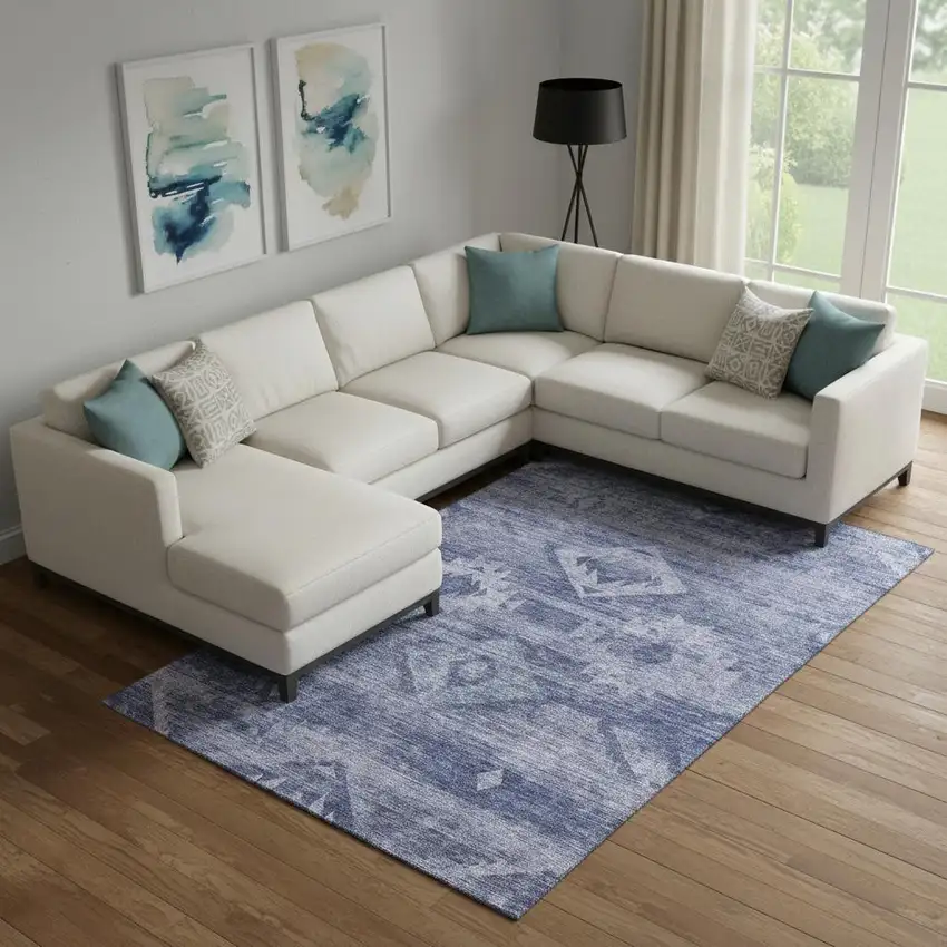 Navy Blue And Ivory Southwestern Washable Area Rug With UV Protection Photo 1