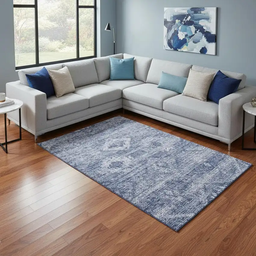 Navy Blue And Ivory Southwestern Washable Area Rug With UV Protection Photo 2