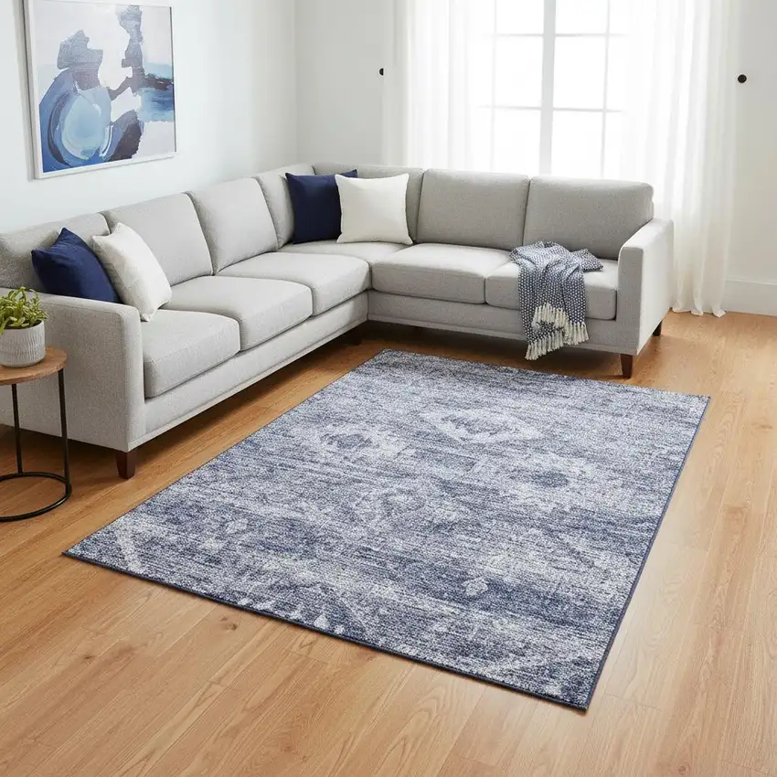 Navy Blue And Ivory Southwestern Washable Area Rug With UV Protection Photo 2