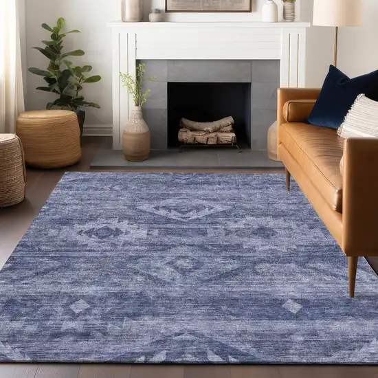 Navy Blue And Ivory Southwestern Washable Area Rug With UV Protection Photo 6