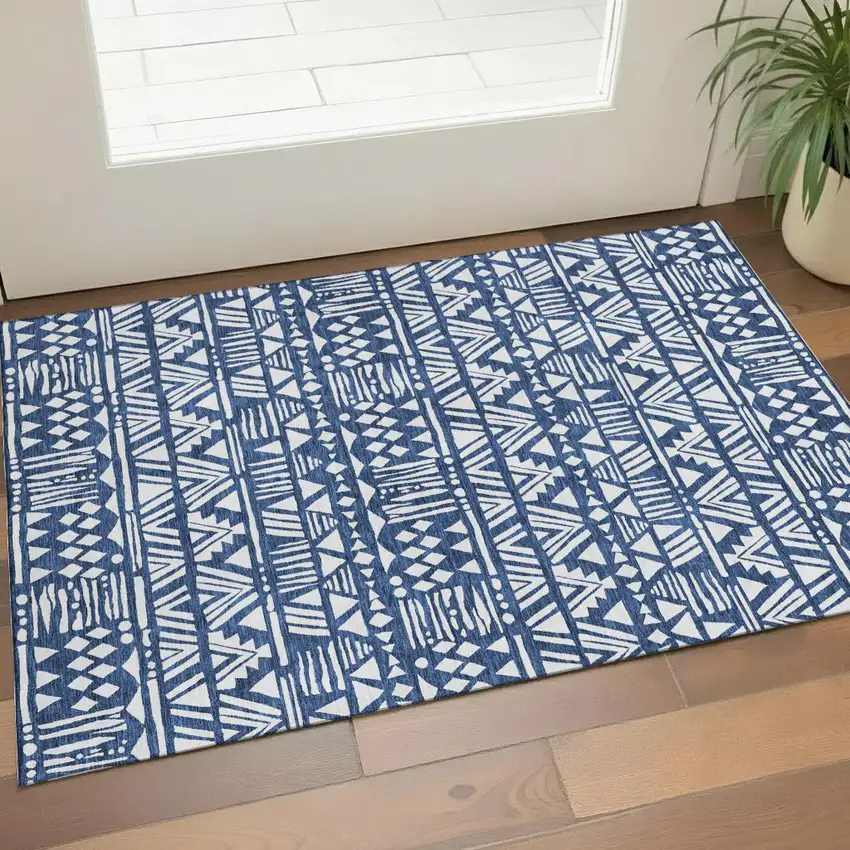 Navy Blue And Ivory Southwestern Washable Area Rug With UV Protection Photo 1