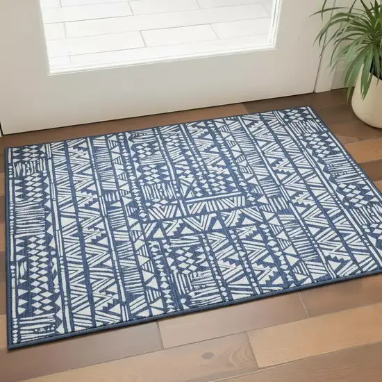 Navy Blue And Ivory Southwestern Washable Area Rug With UV Protection Photo 2
