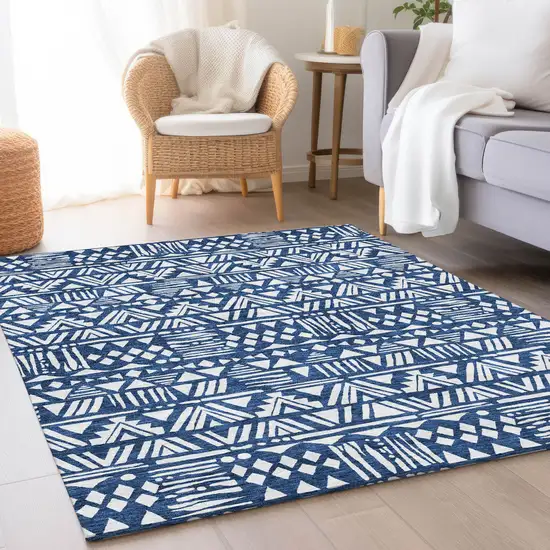 Navy Blue And Ivory Southwestern Washable Area Rug With UV Protection Photo 5