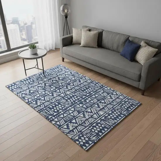 Navy Blue And Ivory Southwestern Washable Area Rug With UV Protection Photo 2