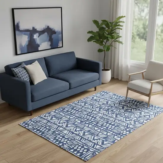 Navy Blue And Ivory Southwestern Washable Area Rug With UV Protection Photo 1