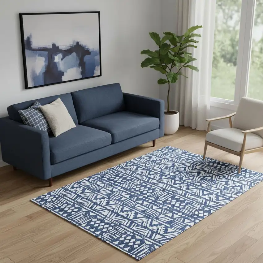 Navy Blue And Ivory Southwestern Washable Area Rug With UV Protection Photo 1