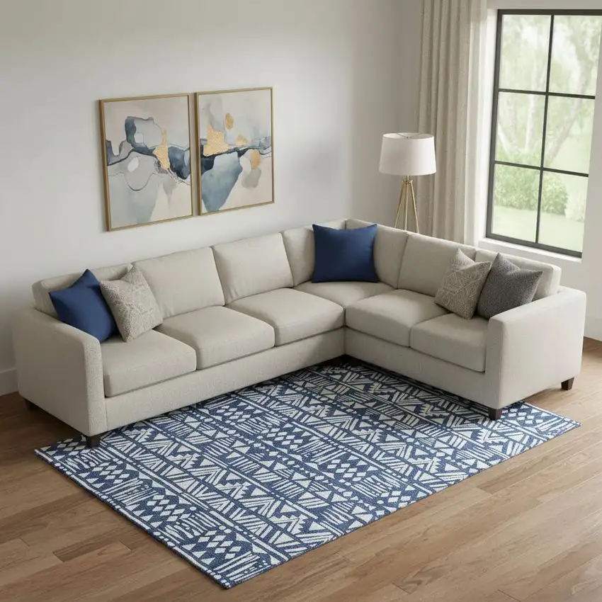 Navy Blue And Ivory Southwestern Washable Area Rug With UV Protection Photo 1