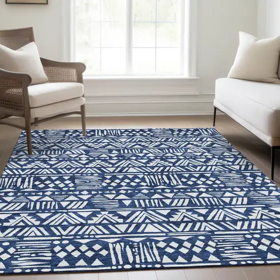Navy Blue And Ivory Southwestern Washable Area Rug With UV Protection Photo 5