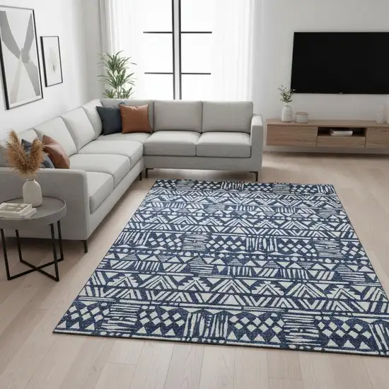 Navy Blue And Ivory Southwestern Washable Area Rug With UV Protection Photo 2