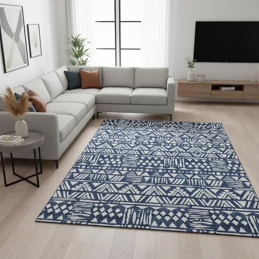 Navy Blue And Ivory Southwestern Washable Area Rug With UV Protection Photo 2