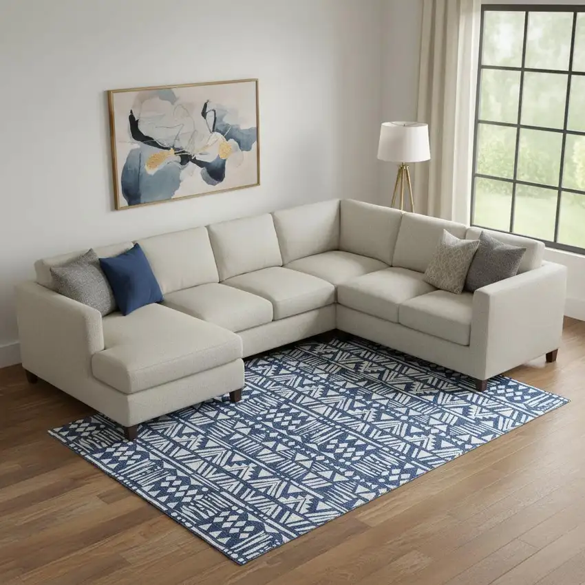 Navy Blue And Ivory Southwestern Washable Area Rug With UV Protection Photo 1