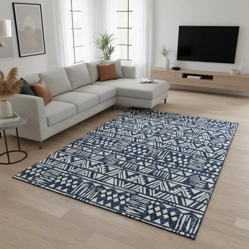 Navy Blue And Ivory Southwestern Washable Area Rug With UV Protection Photo 2