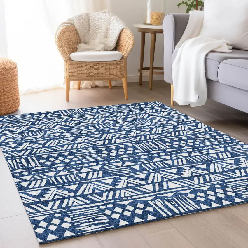 Navy Blue And Ivory Southwestern Washable Area Rug With UV Protection Photo 5