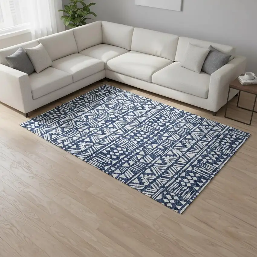 Navy Blue And Ivory Southwestern Washable Area Rug With UV Protection Photo 2